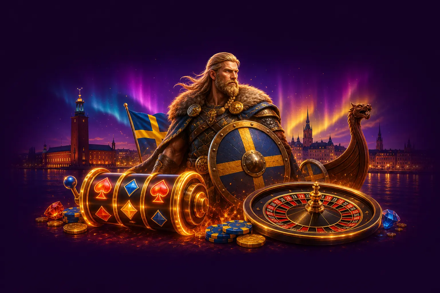HitnSpin online casino Sweden hero scene with glowing slot reels, a roulette wheel and a heroic Norse Viking warrior, faint Stockholm waterfront skyline silhouette, subtle aurora borealis glow, blue and yellow Swedish flag accents
